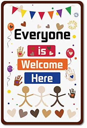 CREATCABIN Everyone Is Welcome Here Signs Metal Tin Plate Classroom Funny Colorful Retro Sign Indoor Outdoor Wall Decorations for Family Home Kitchen Hotel Door Store Decor, 8x12Inch
