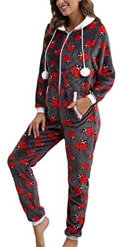 EGSDMNVSQ Tuta da donna in pile, tuta soffice con cappuccio, lunga cerniera, pigiama da notte, set da pigiama per la casa