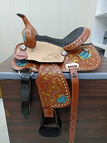 WONDER WISH Schöner brauner und schwarzer Ledersattel mit gelbem und blauem Design, Western-Vergnügen, Trail, Rennfahrer, Show, Pferd, silberfarbene Kristalle (Größe 45,7 cm)