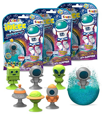 INKEE SURPRISE | 3er Pack Überraschung-Badekugeln, Kinder Badebomben mit Duft & Weltraum Spielfiguren mit Saugnapf, 3x 80g