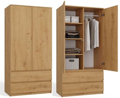CDF Kleiderschrank 90cm Breit Kinderzimmer Schlafzimmer 2 Schubladen 2-türig Kleiderschrank Eiche Artisan Zweitüriger Moderne Schrank Alles für Montage Inklusive Garderobenschrank Klamotten Spielzeuge