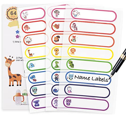 Namensaufkleber Kinder Schule, 64 Stück Wasserfest Selbstklebende Namensschilder Spülmaschinenfest, Personalisiert Klebeetiketten Schulaufkleber für Kita Kindergarten Kleinkind Gegenstände