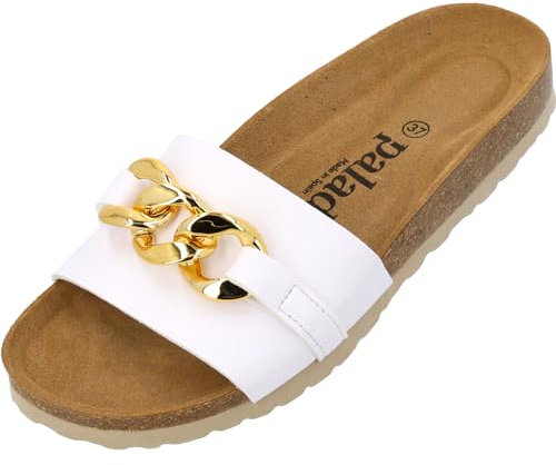 Palado Pantoletten Damen Gozo - bequeme Sandalen Made in Spain - Hausschuhe mit dämpfendem Kork-Fußbett - modische Sommerschuhe weiß UK9 - EU42