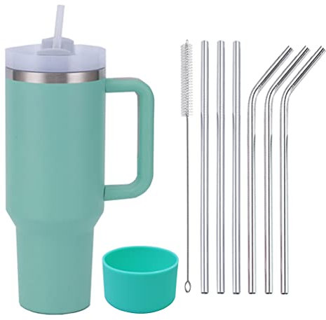 Moollyfox 1200 ml Doppelwandiger Edelstahl Vakuum Isolierbecher mit Griff Upgrade Kaffeetasse Becher 40 oz Reisebecher Autobecher Thermobecher mit Strohhalm aus Edelstahl und Silikonabdeckung Grün