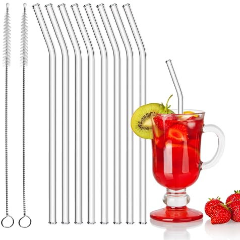 Lot de 8 pailles en verre réutilisables, 20 cm, courbées, pour cocktail, pailles en verre transparent, avec 2 brosses de nettoyage, pour cocktails, smoothies et jus