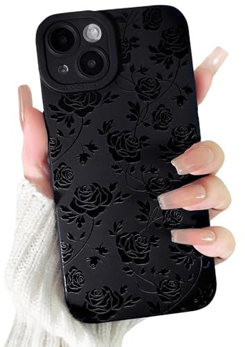 NITITOP Compatible for iPhone 15 Case Cute Cool Flower Floral Black Design for Girls Women Soft TPU Shockproof Protective Girly for iPhone 15-Rose