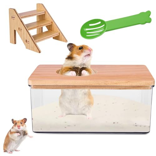 Nizirioo Salle de bain de sable transparente pour hamsters, hamsters, avec échelle, couvercle en bois naturel et pelle, boîte de baignoire pour hamster, salle de bain pour hamster (carré)