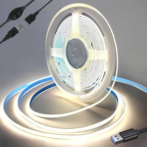Yamlten 5V COB Led Streifen 4000k Middium Weiß mit Schalter,320 LEDs/M Dimmbar LED Strip für TV Hintergrundbeleuchtung,Computer,Schrank,Schlafzimmer DIY LED Band 0.5m.(Stromversorgung schließt aus)
