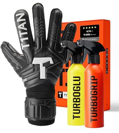 T1TAN Classic 1.0 Black-Out + Turbogrip & Turboglu - Torwarthandschuhe mit Handschuhreiniger und Grip Booster - ohne Fingerschutz - Fußballhandschuhe für Torhüter - Größe 6