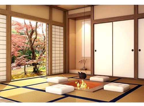 Ttincceer Living Room Backdrop for Photography 10x8ft Japanese-Style Room Tatami Traditional Residential Background Spring Garden Cherry Blossom Tree Photography Backdrop