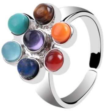 Steinring – 1 Stück 7 Chakra-Ring, Steinperlen, Verstellbarer Ring, Regenbogen-Blumen-Damenring, modischer personalisierter Schmuck, 7 Chakren, Einheitsgröße