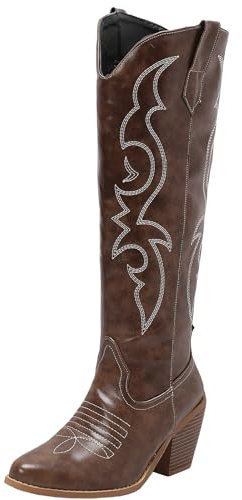 CUTEHEELS Stivali da cowboy/western, da donna, vintage, al ginocchio, con tacco grosso, marrone, 44 EU