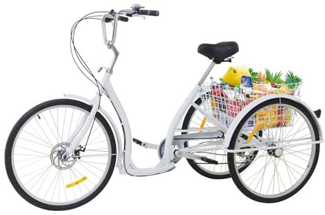AOOUNGM 26 Zoll Dreirad 6 Gang für Erwachsene Senioren, Outdoor-Dreirad mit Einkaufskorb, Höhenverstellbar 3-Rad-Fahrrad für Erwachsene (Weiß)