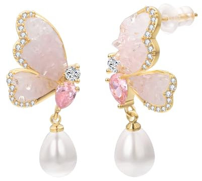 Vissen Boucle D'oreille Plaqué Or pour Femme Zirconium Boucle D'oreille Perle Pendante Clou Oreille Papillon Rose Hypoallergenique Bijoux ﻿