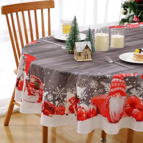 Alishomtll Weihnachten Grau Tischdecke, Zwerg Schneeflocke Oval Tischdecken, Wasserabweisend Abwaschbar Tischtuch, Winter Party Ferien Deko Tischwäsche, Holzmaserung 140x180cm