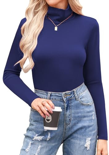 Aottori Damen Rollkragenpullover Langarm Thermo Rollkragen Oberteile Elegant Langarmshirt Warm T-Shirt Einfarbig Tops Slim Fit Casual für Herbst Winter Blau S