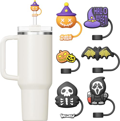 Auhope Straw Cover for Stanley Cup, 6 Packs Halloween Silicone Straw Toppers Compatible with Stanley 20 30 40 Oz Cup, Tumbler Cup Accessories for 10mm 0.4in Straw