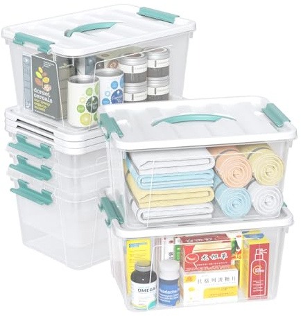 Ysmiltion 6 Litres Clear Plastic Storage Boxes with Lids, 6 Packs, Green | Small Storage Containers with Handle, Stackable Latching Box