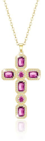 Linawe Collier croisé avec chaîne en or pour femme, diamant rose et diamant rose, pierre de naissance, collier en cristal avec pendentif en forme de croix, chaîne en métal doré