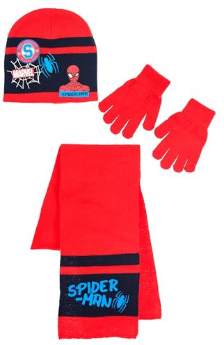 Spiderman Avengers - Herbst/Winter Mütze, Handschuhe & Schal Accessoire Set für Jungen (Rot, 54)
