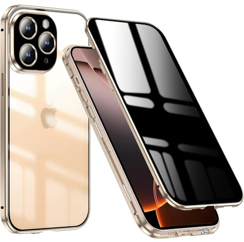 QiiStar Privacy Case for iPhone 16 Pro Max,Anti-Peeping Screen Transparent Back Cover Double Sided Tempered Glass 360 Full Body Phone Case Magnetic Bumper with Camera Lens Protector,Clear Gold