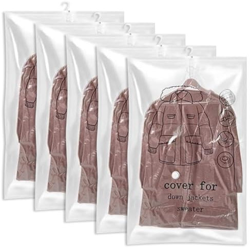 5 Stück Hängend Vakuumierbeutel Kleidung - 110x70cm Vakuum Kleiderbeutel, Transparente Vacuum Bags für Clothing mit Kleiderhaken, Vakuumbeutel für Kleidung für Anzüge, Mäntel, Kleider und Talare