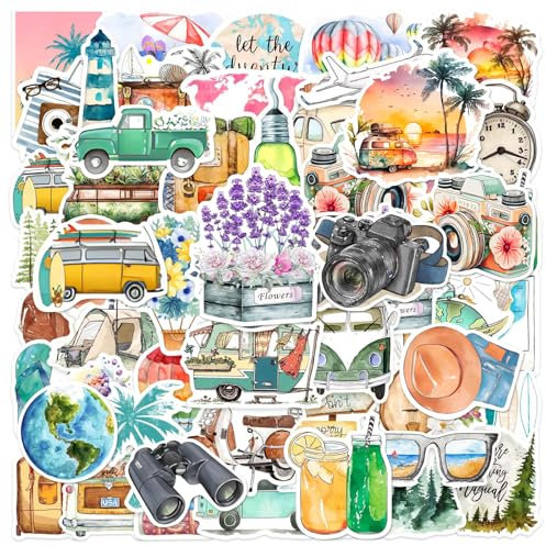 50 Stück Reiseaufkleber,Wasserfeste Aufkleber Sticker Set, Reise Aufkleber Scrapbook Aufkleber Zubehör, Dekor-Aufkleber für Journaling, Notizbuch, Wasserflaschenalbum, Handyhülle, Laptop