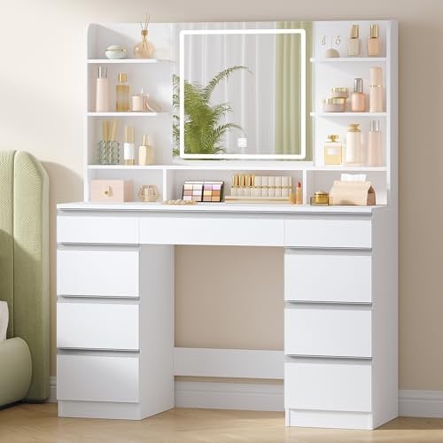 Hzuaneri Grande Coiffeuse avec Éclairage LED, 3 Couleurs, Luminosité Réglable, Miroir, 9 Tiroirs, 9 Étagères Ouvertes, Blanc-Argent DT41903W