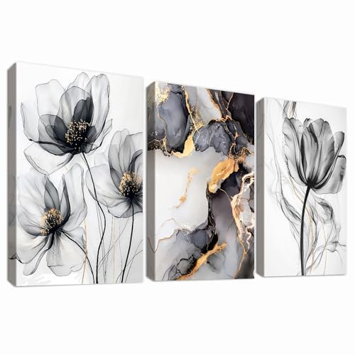 3Pcs Aquarell Mohnblumen Mit Rahmen Leinwand Bilder Marmor Schwarz Asche Gold Abstrakt Bild auf Leinwand Malerei Wandbilder Zuhause Wohnzimmer Schlafzimmer Badezimmer Wanddeko 90x40cm (12x16x3pcs)