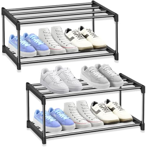 2-Tier Shoe Rack Small, Shoe Storage Organiser Set of 2, Durable Shoes Self | Metal Shoe Racks Storage, Fits 8 to 10 Pairs of Shoes, Shoes Rack for Inside Wardrobe, Closet, Entryway, Narrow Place