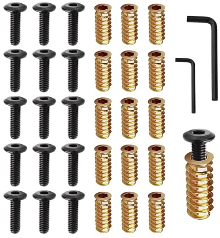 15 Piezas Tuercas para Madera M8 x 25 Tornillos De Cabeza Plana Inoxidable | y Tuercas de Rosca M8 x 25 con 2 Pcs Llaves Hexagonales Tuerca de Inserción de Maderas para Muebles de Madera