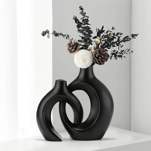 Anquephd Snuggle Hollow Ceramic Vase Set of 2, Nordic Modern Boho ins Style Decorative Ceramic Aesthetic Flower Vase for Home Decor. (Schwarz)