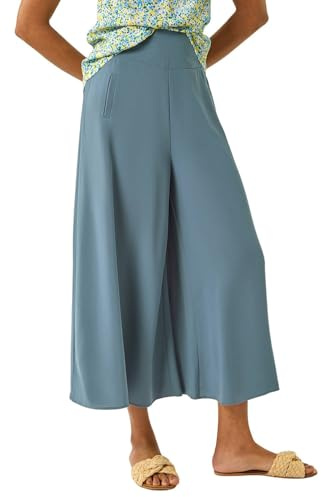 Roman Originals Palazzo Culotte Wide Leg Trouser for Women UK - Ladies Everyday Holiday Spring Summer Cropped Comfy Soft Evening Vacation Work Party - Steel Blue - Size 10