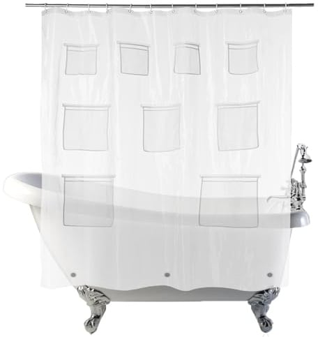 Zephylix Duschvorhang mit Taschen, transparenter Duschvorhang, Badezimmer-Organizer, 180 x 180 cm