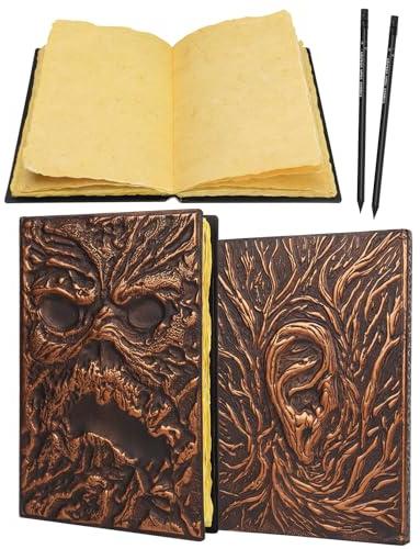 Necronomicon Horror Journal – Faux Leather DND Spellbook Notebook with 120 Pages of Aged Deckle Paper, 3D Undead Cover & 2 Pencils | Gothic Gift for DMs, Witches, Artists & Halloween Rituals