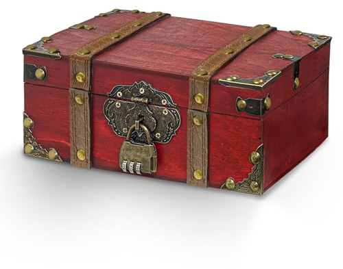 xiaowanwan Schatztruhe mit Zahlenschloss,Vintage Schatzkiste Holz,24 x 17 x 9.5cm,Schatztruhe Groß für Party-Requisiten,Aufbewahrung und Dekoration (Rot)