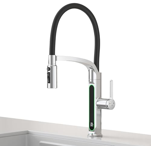 Wasserhahn Küche mit LED Temperaturanzeige, Herunterziehen Brause Drehung Küchenarmatur Spülarmaturen Küche (Chrom-Silbe)