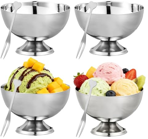 Tutamaz 4 Stück Edelstahl Eisbecher, Dessertschalen mit Fuß Ø10cm | Runde Form Dessert Schale für Ice Cream Desserts Obst Salat Joghurt für Hochzeit Party Café Restaurant