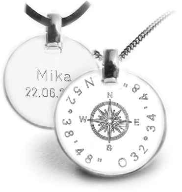 LATIGGA Personalisierte Kette mit Gravur Kompass & Koordinaten, Silber | Lederband oder Silberkette, Geschenkidee