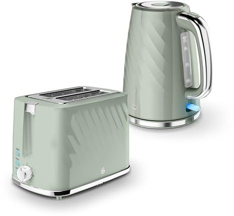 Swan Windsor Breakfast Essentials Bundle with 1.7L Rapid Boil Kettle and 2 Slice Toaster, Sage, EEJB429
