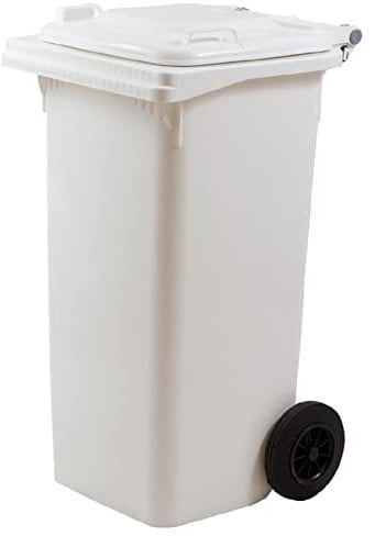 Cubo de HDPE (polietileno de alta intensidad) para uso externo de 240 litros, 58 cm de ancho x 73 cm de largo x 107 cm de alto, peso: 16 kg, Color blanco