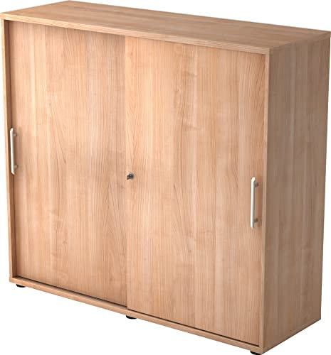 bümö Schiebetürenschrank 3OH - Aktenschrank abschließbar, Sideboard Schrank mit Schiebetüren in Nussbaum - Büroschrank aus Holz mit Schiebetür, Büro Kommode für Ordner & Co.