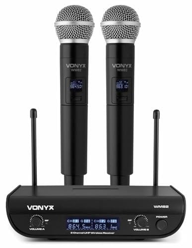 Vonyx WM82 - Sistema Radiomicrofono Digitale UHF, 2 Canali, 2x Microfono a Mano, Fino a 50 m, Valigetta per il Trasporto Inclusa