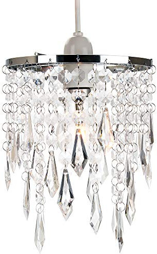 Modern Waterfall Design Easy Fit Pendant Shade with Clear Acrylic Droplets and Beads - Chrome Metal Rings - 16cm Diameter by Happy Homewares