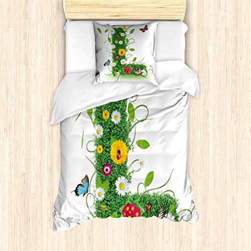 ABAKUHAUS Buchstabe L Bettbezug Set für Einzelbetten, Blumen-Themed Bild L, Milbensicher Allergiker geeignet mit Kissenbezug, grün Multicolor