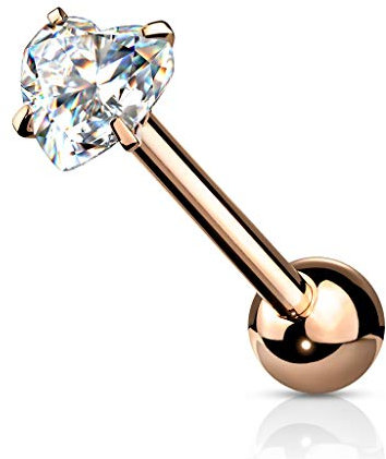Tata Gisèle Piercing Langue Barbell en Acier Chirurgical 316L et Oxyde de Zirconium - Piercing Langue avec Zircon Coeur Serti Quatre Griffes - (Or Rosé/Transparent)