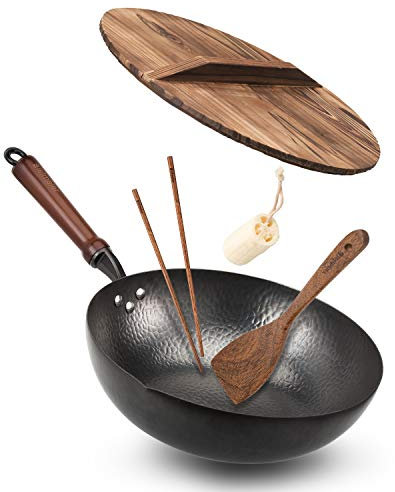 BIELMEIER Wok Pan de 12.5 pulgadas, woks y sartenes con tapa, wok de acero al carbono con accesorios de cocina, parte inferior plana para todas las estufas