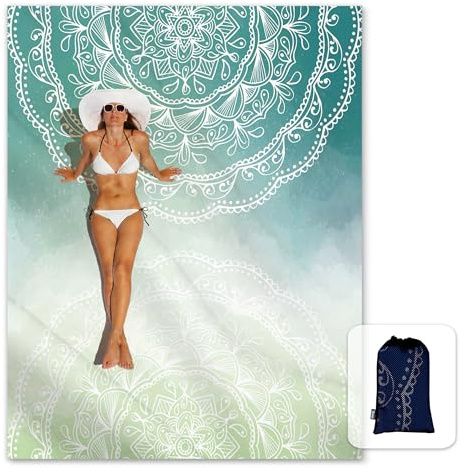 Sunlit Seidig weiche Boho-Stranddecke, sanddicht, Matte mit Ecktaschen und Netztasche, für Strandparty, Reisen, Camping und Outdoor-Musikfestival, Tiffany-Grün, Mandala, 269,2 x 205,7 cm