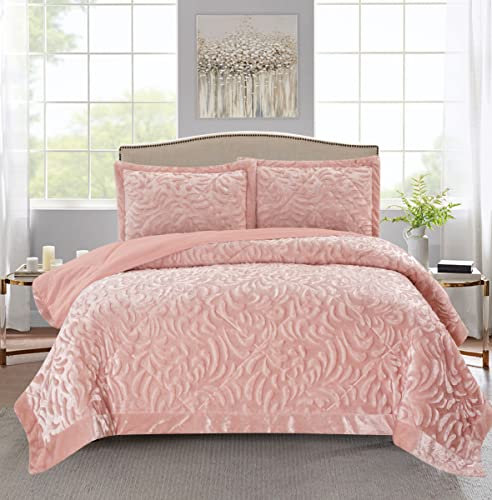 PHP Super Soft Velvet Quilted Bedspread King Size Bedding Set 3 Piece with Matching Shams - Warm Quilt Blanket for Bedroom Decor for Teen Girls - Pink