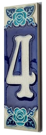 Numero civico Fosforescente dipinto a mano in ceramica italiana con numeri e lettere piastrelle, Rose Design, Piastrelle Dimensioni: 15cm x 5cm (numero 4)